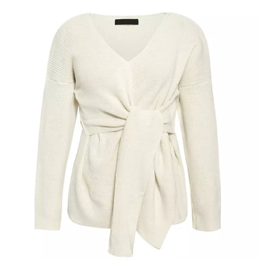 Ivory Side Tie Faux Wrap Knit Sweater - Picture 2 of 2